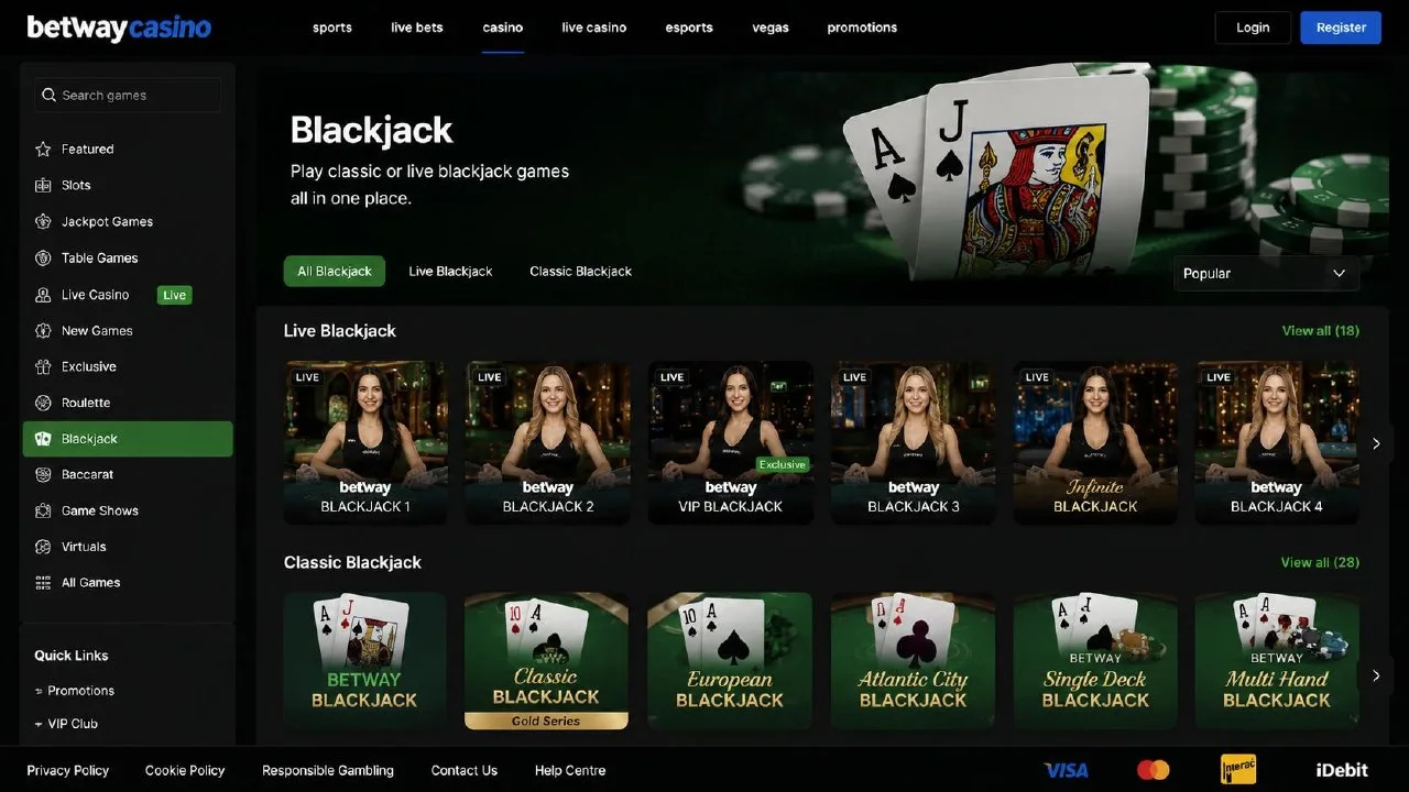 Betway Canada Guide — Classic and live Betway blackjack in one lobby