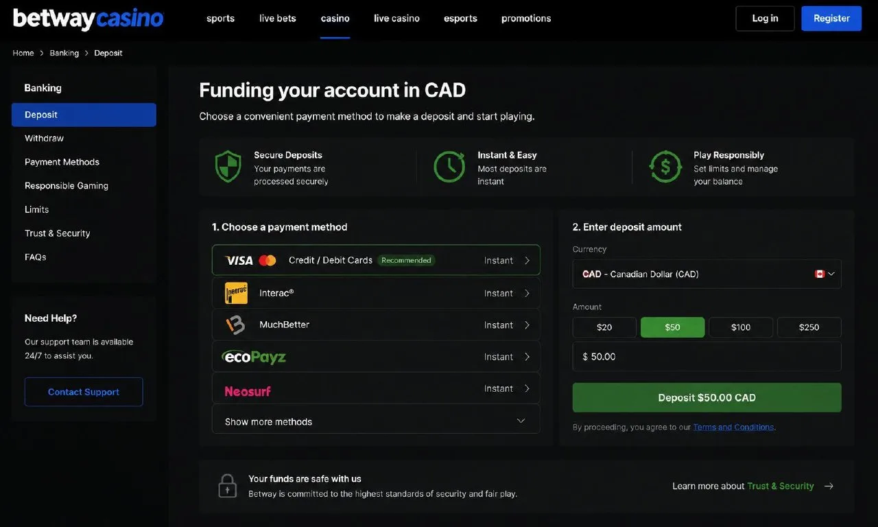 Betway Canada Guide — Funding your account in CAD