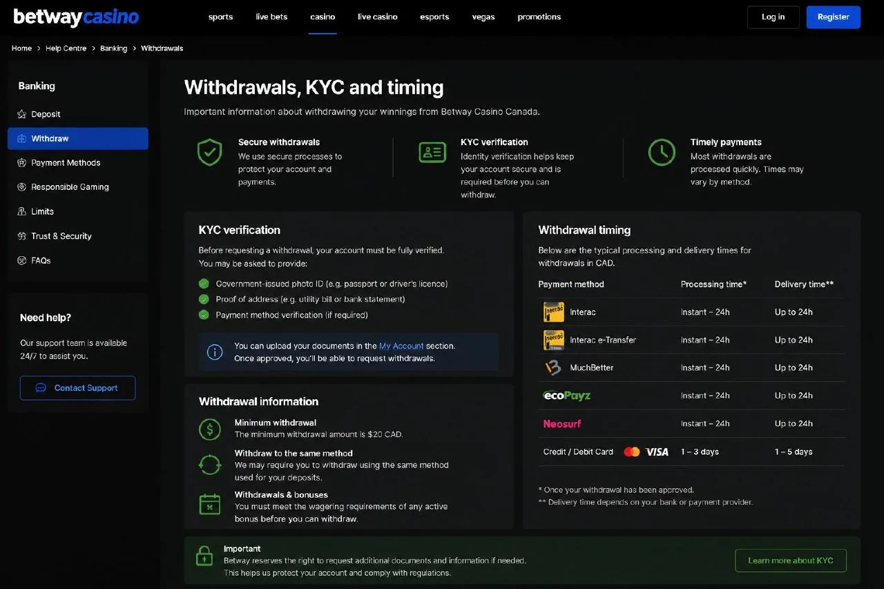 Betway Canada Guide — Withdrawals, KYC and timing