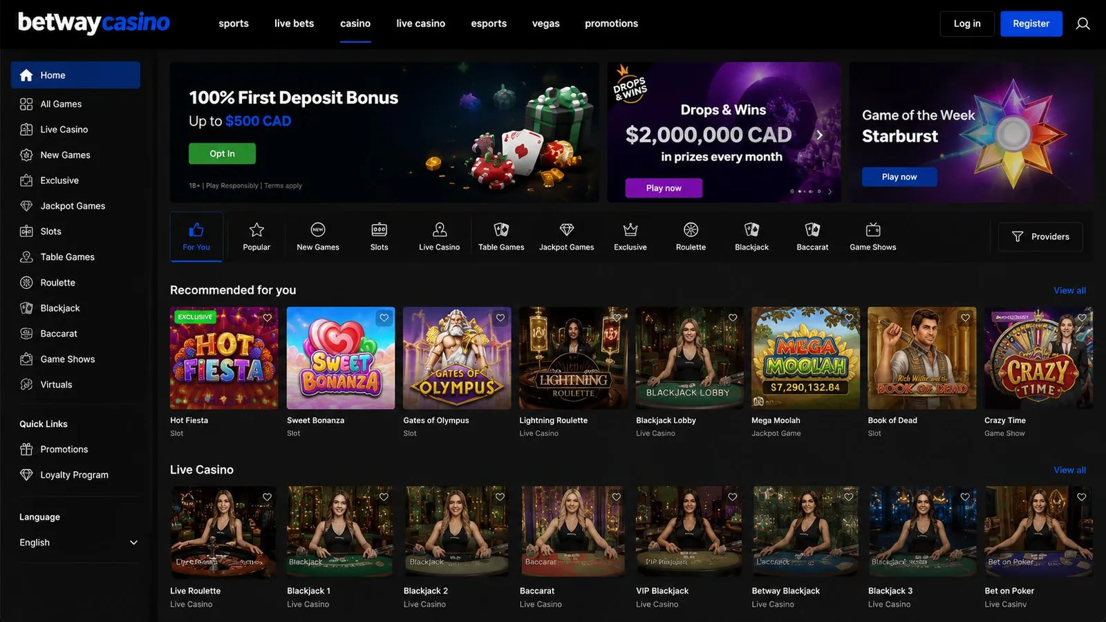Betway Canada Guide — What the Betway casino lobby looks like for Canadians